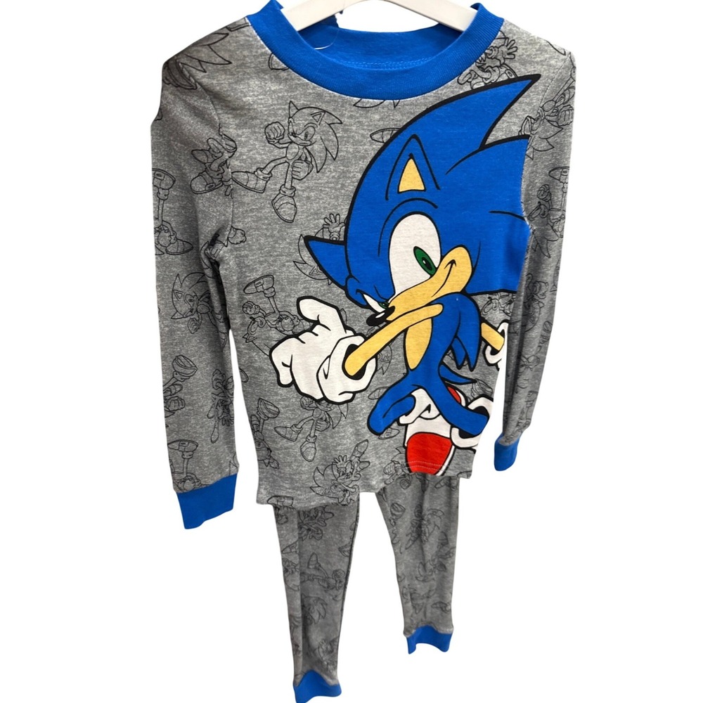 Sonic the Hedgehog Kids 4 Piece Pajama Set Gray Black Blue Long Sleeve PJs SEGA‎